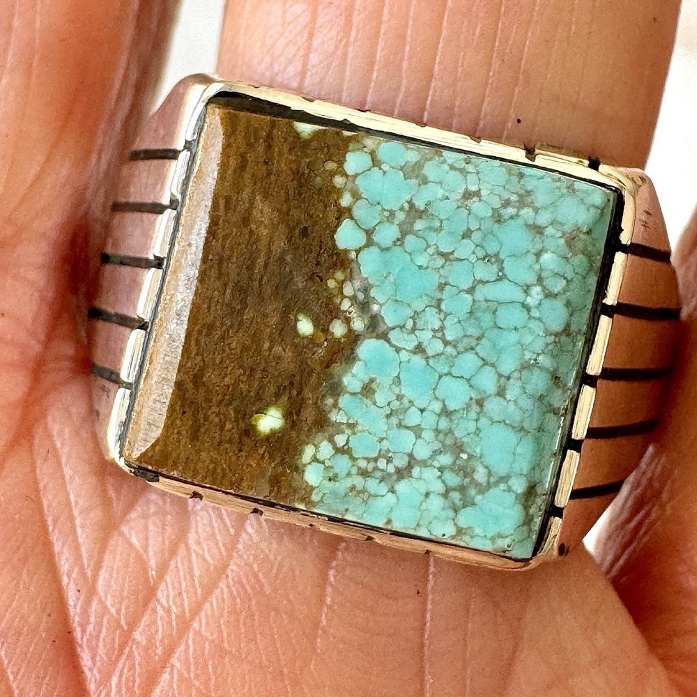Navajo Turquoise Mens Ring‎ Sz 12.5 Rectangle Signed Jack Sterling 14mm